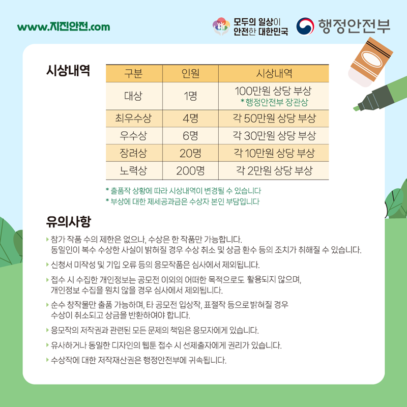 www.지진안전.com 모두의 일상이 안전한 대한민국 행정안전부 시상내역 구분 인원 시상내역 -대상(1명):100만원 상당 부상 *행정안전부 장관상 -최우수상(4명):각 50만원 상당 부상 -우수상(6명):각 30만원 상당 부상 -장려상(20명):각 10만원 상당 부상 -노력상(200명):각 2만원 상당 부상 *출품작 상황에 따라 시상내역이 변경될 수 있습니다 *부상에 대한 제세공과금은 수상자 본인 부담입니다 유의사항 -참가 작품 수의 제한은 없으나, 수상은 한 작품만 가능합니다. 동일인이 복수 수상한 사실이 밝혀질 경우 수상 취소 및 상금 환수 등의 조치가 취해질 수 있습니다. -신청서 미작성 및 기입 오류 등의 응모작품은 심사에서 제외됩니다. -접수 시 수집한 개인정보는 공모전 이외의 어떠한 목적으로도 활용되지 않으며, 개인정보 수집을 원치 않을 경우 심사에서 제외됩니다. -순수 창작물만 출품 가능하며, 타 공모전 입상작, 표절작 등으로 밝혀질 경우 수상이 취소되고 상금을 반환하여야 합니다. -응모작의 저작권과 관련된 모든 문제의 책임은 응모자에게 있습니다. -유사하거나 동일한 디자인의 웹툰 접수 시 선제출자에게 권리가 있습니다. -수상작에 대한 저작재산권은 행정안전부에 귀속됩니다.