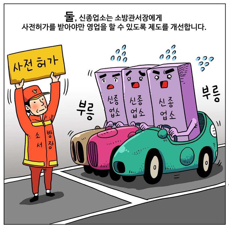 둘, 신종업소는 소방관서장에게 사전허가를 받아야만 영업을 할 수 있도록 제도를 개선합니다.
