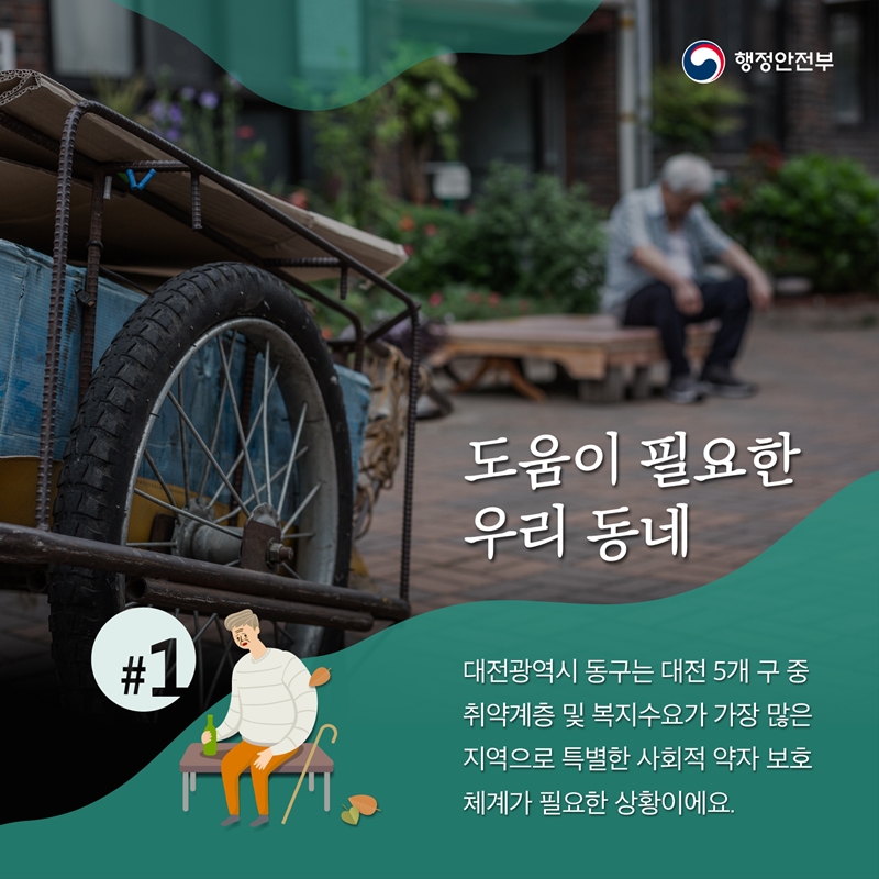 도움이 필요한 우리 동네 # 대전광역시 동구는 대전 5개 구 중 취약계층 및 복지수요가 가장 많은 지역으로 특별한 사회적 약자 보호 체계가 필요한 상황이에요.