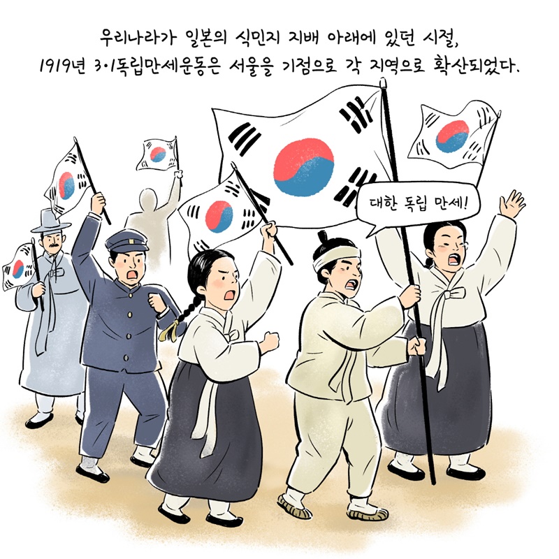 1. 우리나라가 일본의 식민지 지배 아래에 있던 시절, 1919년 3·1독립만세운동은 서울을 기점으로 각 지역으로 확산되었다.
