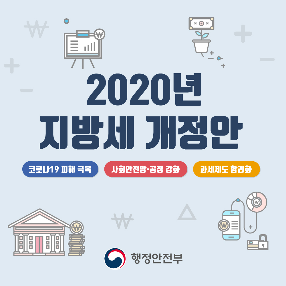 1.  (1) 2020년 지방세 개정안 (2) 코로나19 피해극복, 사회안전망‧공정 강화, 과세제도 합리화