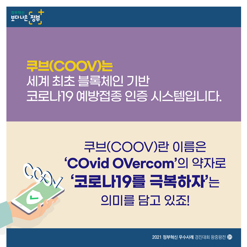 쿠브(COOV)는 세계 최초 블록체인 기반 코로나19 예방접종 인증 시스템입니다.  쿠브(COOV)란 ‘COvid + OVercom’의 약자로 ‘코로나19를 극복하자’는 의미를 담고있죠!