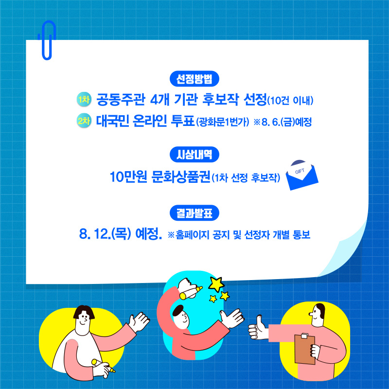 선정방법 1차 공동주관 4개 기관 후보작 선정(10건 이내) 2차 대국민 온라인 투표(광화문1번가) *8.6.(금) 예정  시상내역 10만원 문화상품권(1차 선정 후보작)  결과발표 8.12.(목) 예정 * 홈페이지 공지 및 선정자 개별통보