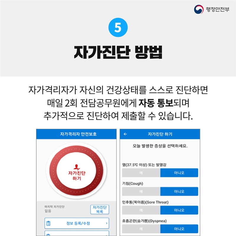 5.자가진단 방법 자가격리자가 자신의 건강상태를 스스로 진단하면 매일 2회 전담공무원에게 자동 통보되며 추가적으로 진단하여 제출할 수 있습니다.