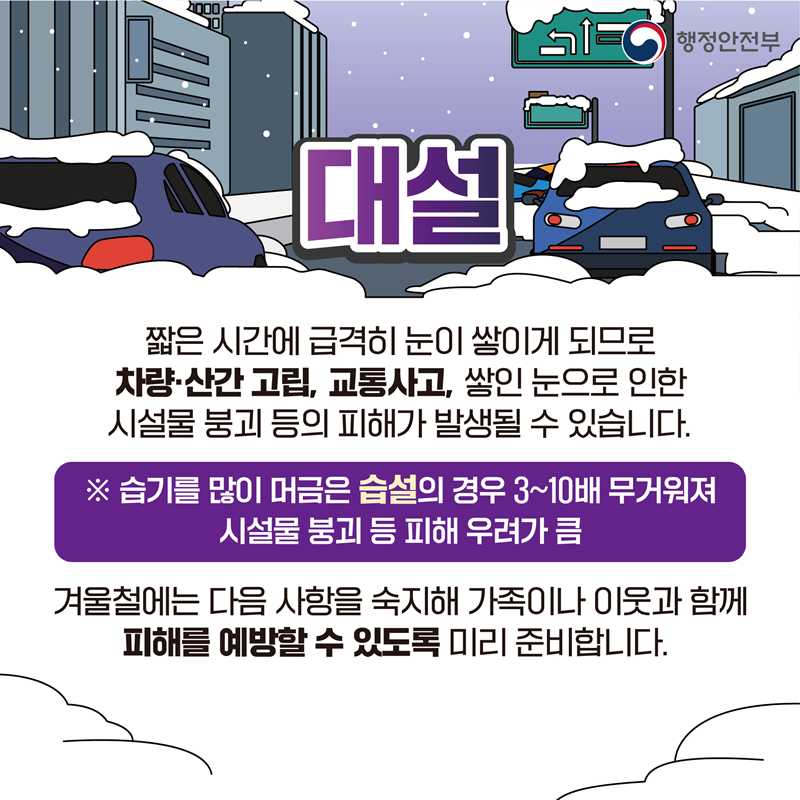 [대설] 짧은 시간에 급격히 눈이 쌓이게 되므로 차량·산간 고립, 교통사고, 쌓인 눈으로 인한 시설물 붕괴 등의 피해가 발생될 수 있습니다. (※ 습기를 많이 머금은 습설의 경우 3~10배 무거워져 시설물 붕괴 등 피해 우려가 큼) 겨울철에는 다음 사항을 숙지해 가족이나 이웃과 함께 피해를 예방할 수 있도록 미리 준비합니다.