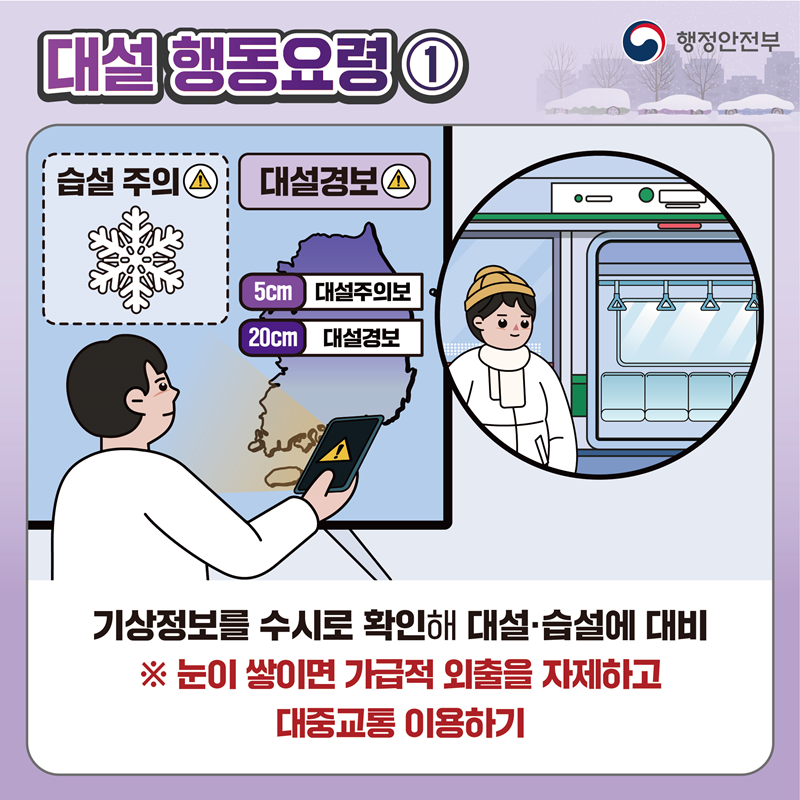 [대설 행동요령1] 기상정보를 수시로 확인해 대설·습설에 대비 ※ 눈이 쌓이면 가급적 외출을 자제하고 대중교통 이용하기