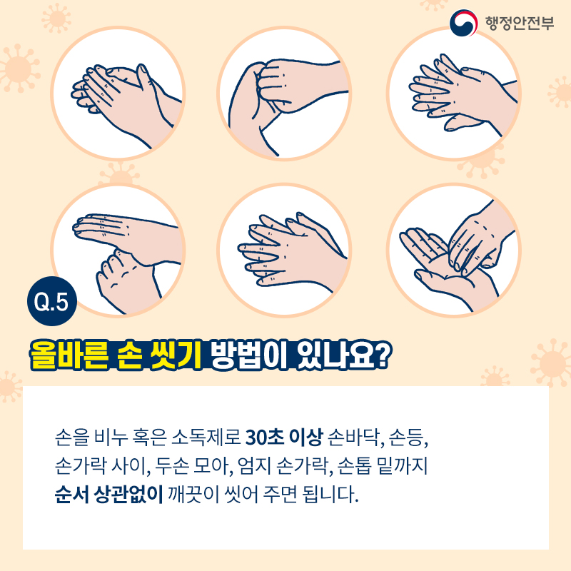 올바른 손 씻기 방법이 있나요?  손을 비누 혹은 소독제로 30초 이상 손바닥, 손등, 손가락 사이, 두손 모아, 엄지 손가락, 손톱 밑까지 순서 상관없이 깨끗이 씻어 주면 됩니다.