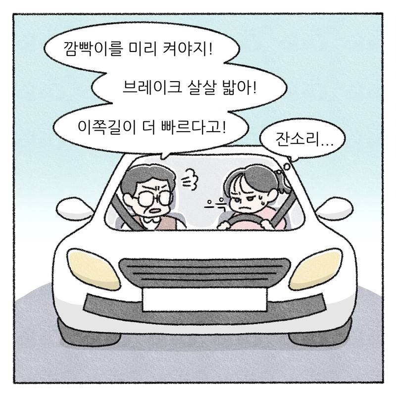 #2 깜빡이를 미리 켜야지! 브레이크 살살 밟아! 이쪽 길이 더 빠르다고!  잔소리...