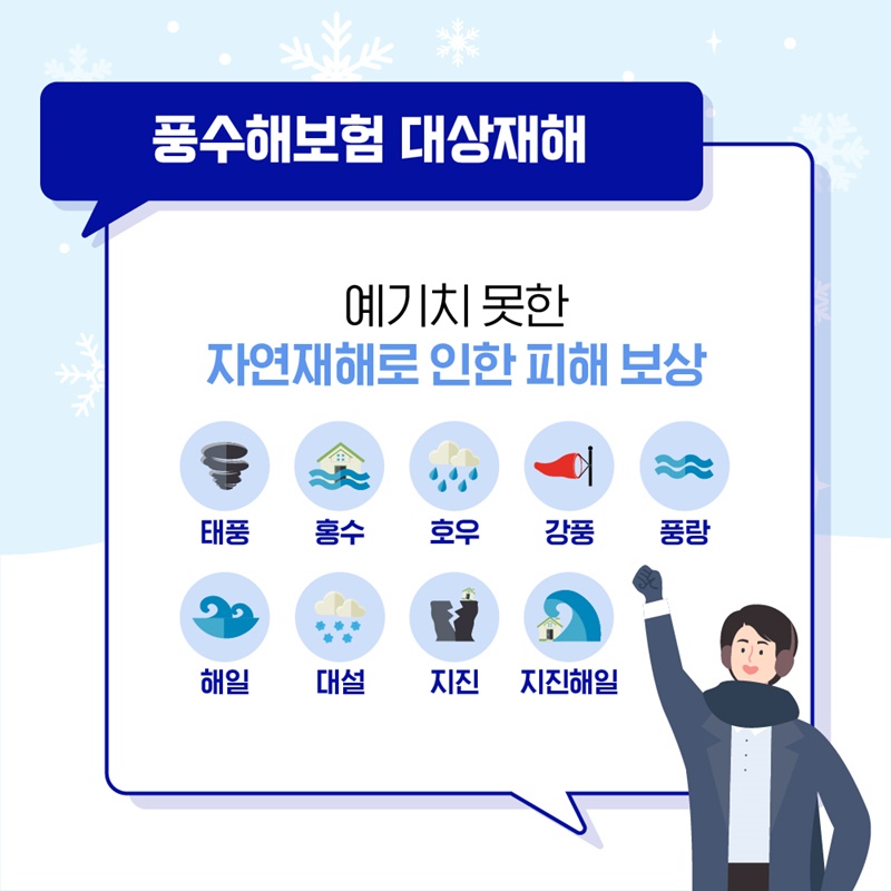 p.6   풍수해보험은 대상재해는 태풍, 홍수, 호우, 강풍, 풍랑, 해일, 대설, 지진, 지진해일 등  예기치 못한 자연재해로 인한 피해를 보상합니다. 