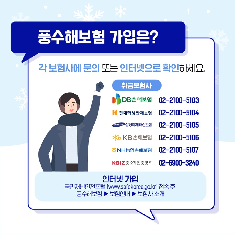 p.9    풍수해보험은 풍수해보험 판매 민간보험사, 전국 지자체 재난관리부서,  읍•면•동 주민자치센터를 통해 어디서나 가입과 관련된 문의를 할 수 있습니다.  민간보험회사 대표 번호로는 DB손해보험 02-2100-5103, 현대해상화재보험 02-2100-5104, 삼성화재해상보험 02-2100-5105, KB손해보험 02-2100-5106, NH농협손해보험 02-2100-5107,  중소기업중앙회 02-6900-3240 입니다.