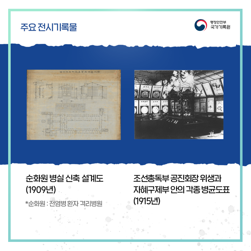 순화원 병실 신축 설계도(1909년) *순화원 : 전염병 환자 격리병원  조선총독부 공진회장 위생과 자혜구제부 안의 각종 병균도표(1915년)