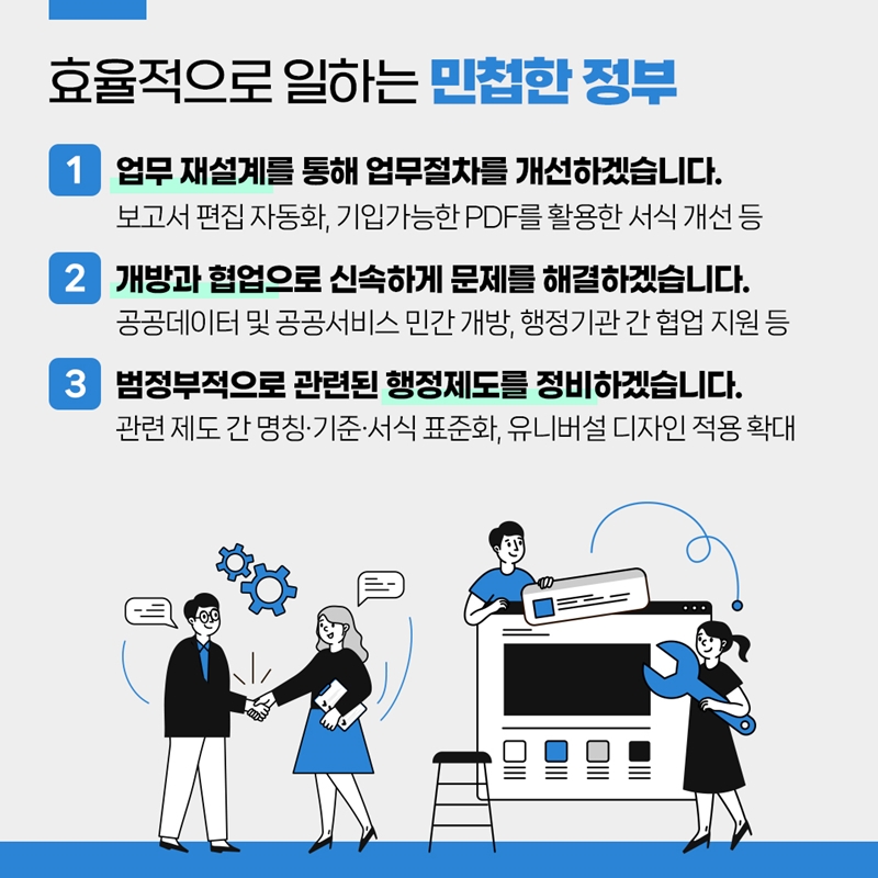 효율적으로 일하는 민첩한 정부 1.업무 재설계를 통해 업무절차를 개선하겠습니다. 보고서 편집 자동화, 기입가능한 PDF를 활용한 서식 개선 등 2.개방과 협업으로 신속하게 문제를 해결하겠습니다. 공공데이터 및 공공서비스 민간 개방, 행정기관 간 협업 지원 등 3.범정부적으로 관련된 행정제도를 정비하겠습니다. 관련 제도 간 명칭·기준·서식 표준화, 유니버설 디자인 적용 확대