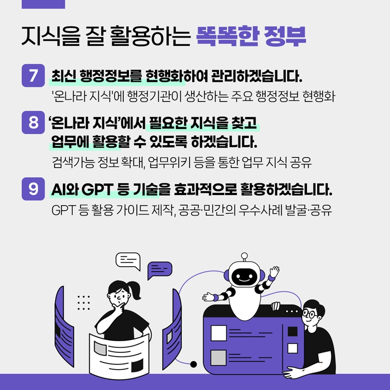 지식을 잘 활용하는 똑똑한 정부 7.최신 행정정보를 현행화하여 관리하겠습니다. '온나라 지식'에 행정기관이 생산하는 주요 행정정보 현행화 8.'온나라 지식'에서 필요한 지식을 찾고 업무에 활용할 수 있도록 하겠습니다. 검색가능 정보 확대, 업무위키 등을 통한 업무 지식 공유 9.AI와 GPT 등 기술을 효과적으로 활용하겠습니다. GPT 등 활용 가이드 제작, 공공·민간의 우수사례 발굴·공유