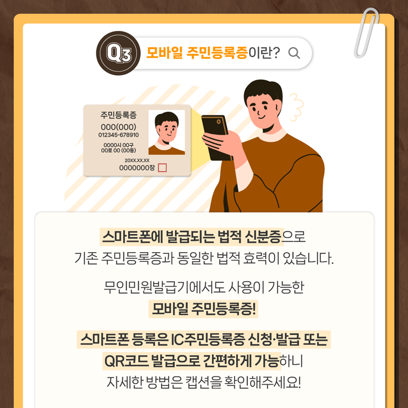 Q3. 모바일 주민등록증이란?  스마트폰에 발급되는 법적신분증으로 기존 주민등록증과 동일한 법적 효력이 있습니다.  무인민원발급기에서도 사용이 가능한 모바일 주민등록증!  스마트폰 등록은 IC주민등록증 신청·발급 또는 QR코드 발급으로 간편하게 가능하니 자세한 방법은 캡션을 확인해주세요!