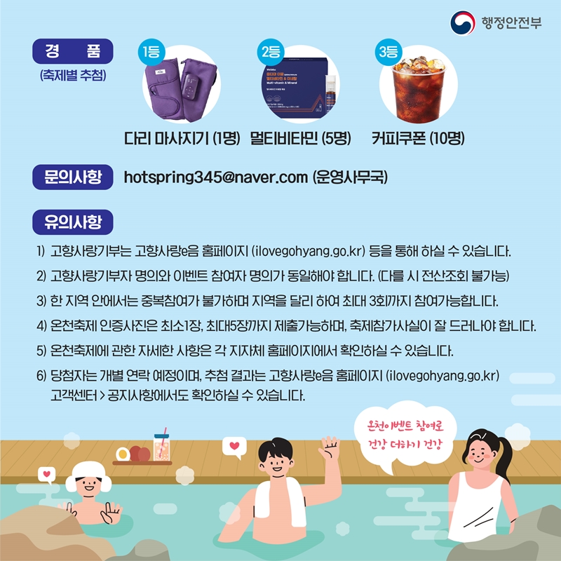 3.경품 (축제별 추첨) - 1등 다리마사지기 (1명), 2등 멀티비타민(5명), 3등 커피쿠폰 (10명) 4.문의사항 - hotspring345@naver.com (운영사무국) 5.유의사항 -  1)고향사랑기부는 고향사랑e음 홈페이지(ilovegohyang.go.kr) 등을 통해 하실 수 있습니다. 2) 고향사랑기부자 명의와 이벤트 참여자 명의가 동일해야 합니다. (다를시 전산조회 불가능) 3) 한 지역 안에서는 중복참여가 불가하며 지역을 달리 하여 최대 3회가지 참여가능합니다. 4) 온천축제 인증사진은 최소 1장, 최대5장까지 제출 가능하며, 축제참가사실이 잘 드러나야 합니다. 5) 온천축제에 관한 자세한 사항은 각 지자체 홈페이지에서 확인하실 수 있습니다. 6) 당첨자는 개별 연락 예정이며, 추첨 결과는 고향사랑e홈페이지 (ilovegohyang.go.kr), 고객센터>공지사항에서도 확인하실 수 있습니다. -행정안전부-