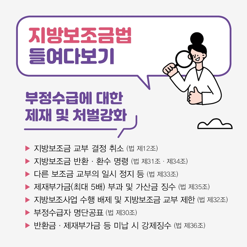 지방보조금법 들여다 보기 부정수급에 대한 제재 및 처벌강화 지방보조금 교부 결정 취소 (법 제12조) 지방보조금 반환, 환수 명령 (법 제31조, 제34조) 다른 보조금 교부의 일시 정지 등 (법 제33조) 제제부가금(최대 5배) 부과 및 가산금 징수 (법 제35조) 지방보조사업 수행 배제 및 지방보조금 교부 제한 (법 제32조) 부정수급자 명단공표 (법 제30조) 반환금, 제제부가금 등 미납 시 강제징수(법 제36조)
