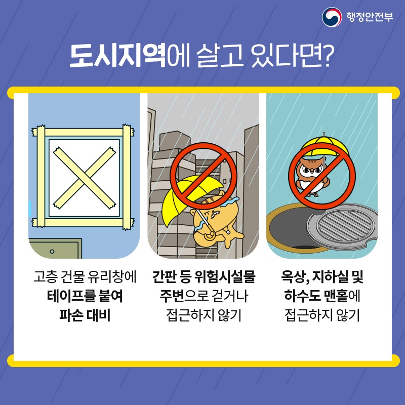 도시지역에 살고 있다면? 고층 건물 유리창에 테이프를 붙여 파손 대비 간판 등 위험시설물 주변으로 걷거나 접근하지 않기 옥상, 지하실 및 하수도 맨홀에 접근하지 않기