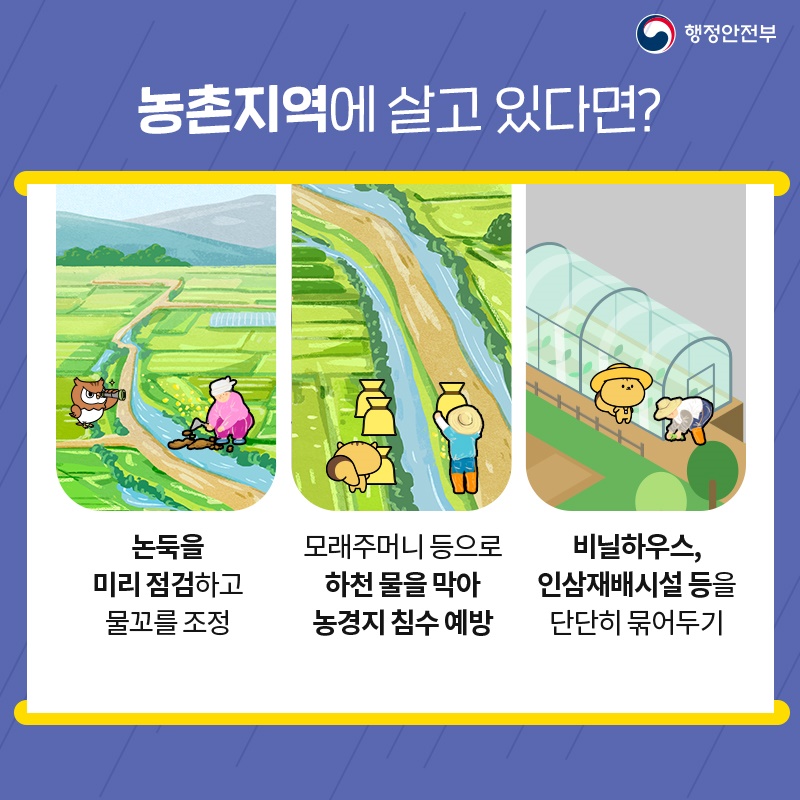 농촌지역에 살고 있다면? 논둑을 미리 점검하고 물꼬를 조정 모래주머니 등으로 하천 물을 막아 농경지 침수 예방 비닐하우스, 인삼재배시설 등을 단단히 묶어두기