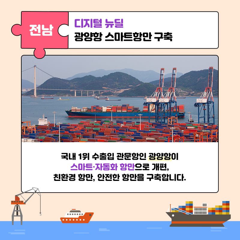 07. 전남-디지털 뉴딜 광양항 스마트항만 구축  국내 1위 수출입 관문항인 광양항이 스마트·자동화 항만으로 개편, 친환경 항만, 안전한 항만을 구축합니다.