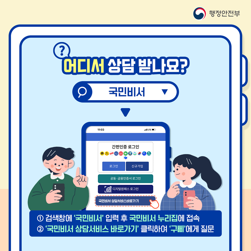 행정안전부 어디서 상담 받나요? 국민비서 검색→간편인증 로그인 로그인 신규가입 공동·금융인증서 로그인 디지털원패스 로그인 국민비서 상담서비스 바로가기 ① 검색창에 '국민비서' 입력 후 국민비서 누리집에 접속 ② '국민비서 상담서비스 바로가기' 클릭하여 '구삐'에게 질문