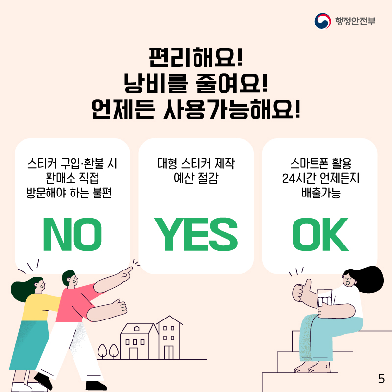 스티터 구입으로 판매소를 직접 방문하는 불편이 없고    대형스티커 제작에 따른 예산을 절감하며    또, 스마트폰을 활용하여 24시간 언제든지 배출이 가능합니다.