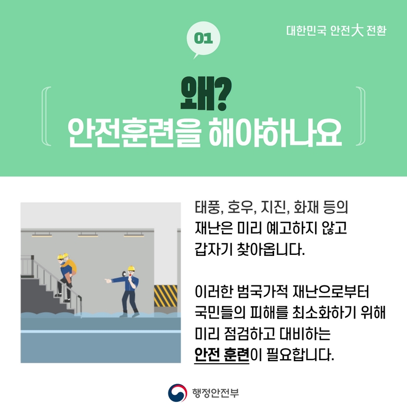 대한민군 안전 대전환 01 왜? 안전훈련을 해야 하나요  태풍, 호우, 지진, 화재 등의 재난은 미리 예고하지 않고 갑자기 찾아옵니다. 이러한 범국가적 재난으로부터 국민들의 피해를 최소화하기 위해 미리 점검하고 대비하는 안전 훈련이 필요합니다.