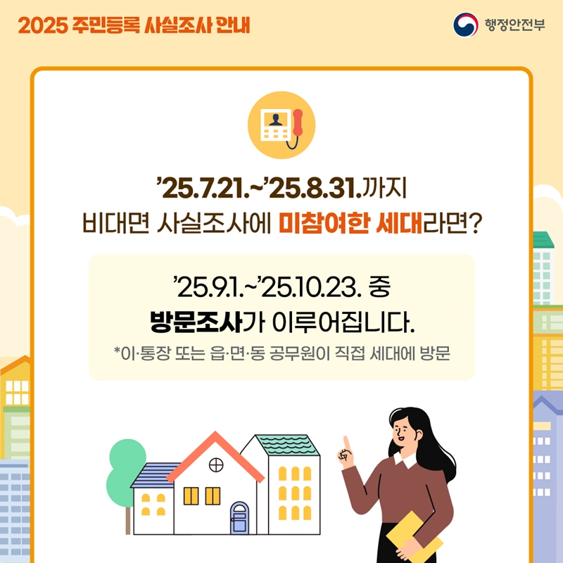 ['25.7.21.~ 25.8.31.까지 비대면 사실조사에 미참여한 세대라면?] '25.9.1.~25.10.23. 중 방문조사가 이루어집니다. *이·통장 또는 읍·면·동 공무원이 직접 세대에 방문.