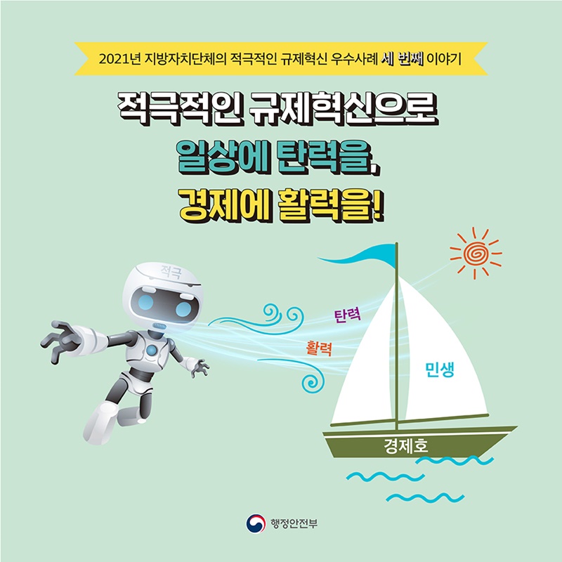 행정안전부는 2021년 3분기 지방자치단체가 적극적이고 창의적인 업무추진으로 주민과 기업의 불편을 해소하고 지역경제 활성화에 성과를 낸 우수사례 5건을 선정하였습니다.
