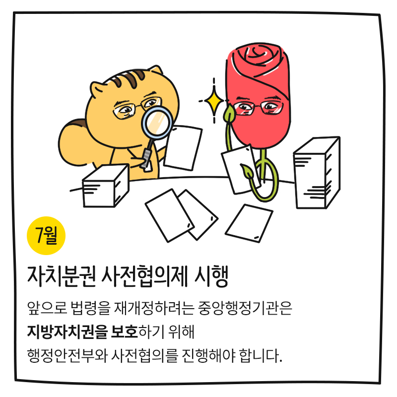 (7월) 자치분권 사전협의제 시행 앞으로 법령을 재개정하려는 중앙행정기관은 지방자치권을 보호하기 위해 행정안전부와 사전협의를 진행해야 합니다.