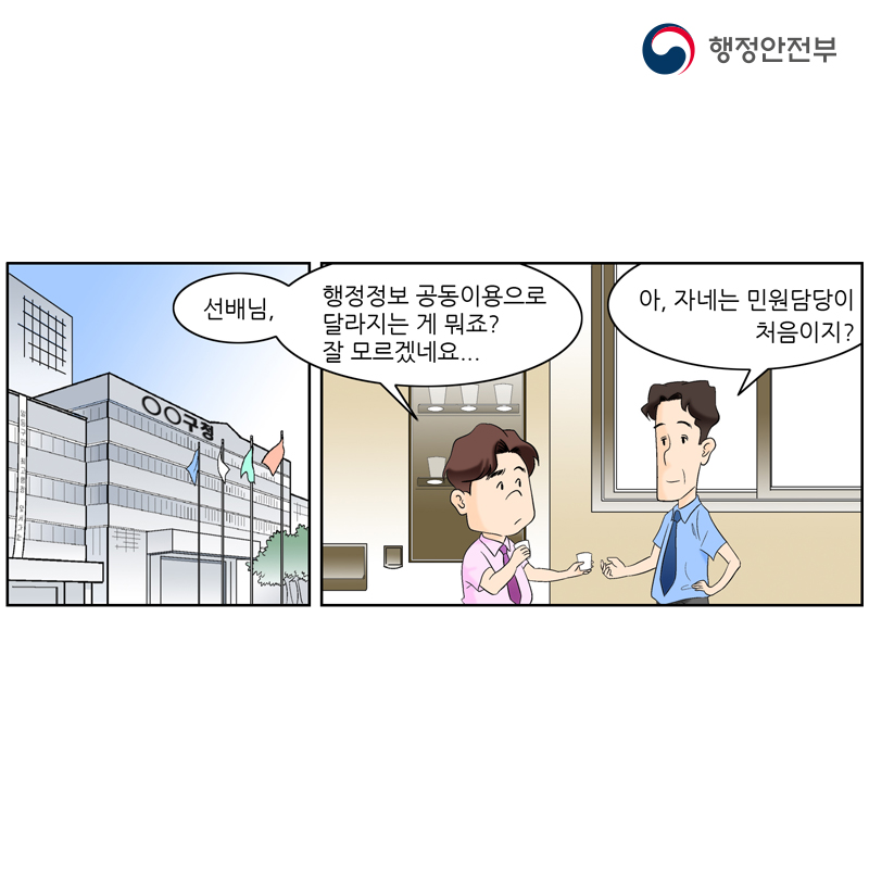 행정안전부 선배님. 행정정보 공동이용으로 달라지는 게 뭐죠? 잘모르겠네요... 아, 자네는 민원담당이 처음이지?
