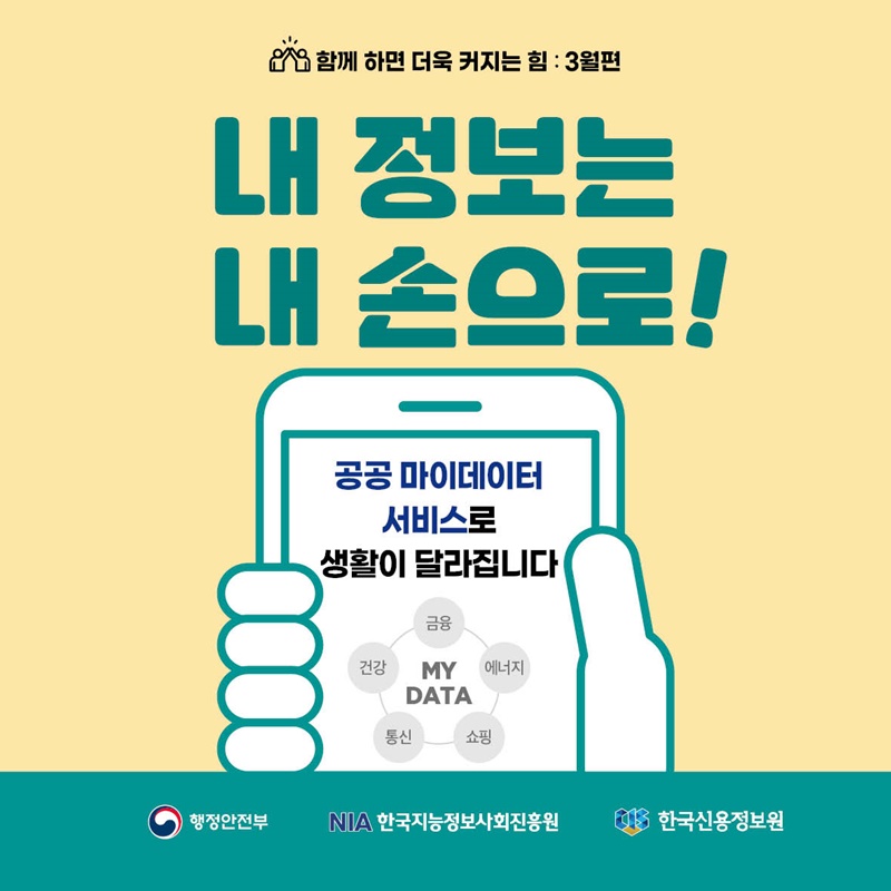 함께 하면 더욱 커지는 힘 : 3월편 내 정보는  내 손으로! / 공공 마이데이터 서비스로 생활이 달라집니다. MY DATA: 금융, 건강, 에너지, 쇼핑, 통신