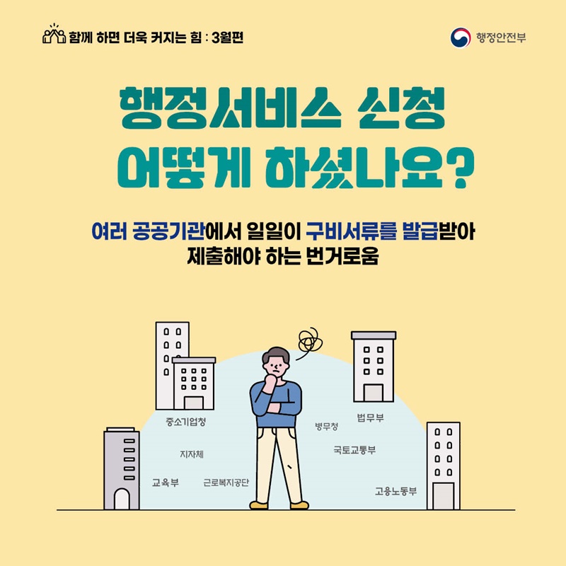 함께 하면 더욱 커지는 힘 : 3월편 - 행정서비스 신청 어떻게 하셨나요?  여러 공공기관에서 일일이 구비서류를 발급받아  제출해야 하는 번거로움