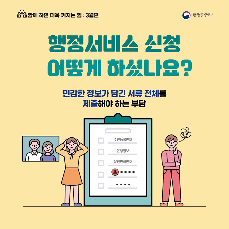 함께 하면 더욱 커지는 힘 : 3월편 - 행정서비스 신청 어떻게 하셨나요? 민감한 정보가 담긴 서류 전체를 제출해야 하는 부담