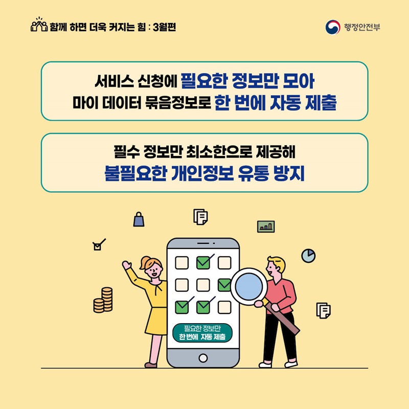 함께 하면 더욱 커지는 힘 : 3월편 - 서비스 신청에 필요한 정보만 모아 마이 데이터 묶음정보로 한 번에 자동 제출, 필수 정보만 최소한으로 제공해 불필요한 개인정보 유통 방지