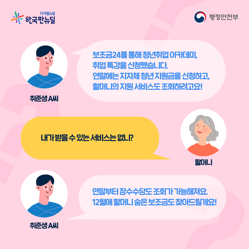 취준생 A씨 : 보조금24를 통해 청년취업 아카데미, 취업특강을 신청해습니다. 연말에는 지자체 청년 지원금을 신청하고, 할머니의 지원 서비스도 조회하려고요!  할머니 : 내가 받을 수 있는 서비스는 없니?  취준생 A씨 : 연말부터 장수수당도 조회가 가능해져요. 12월에 할머니 숨은 보조금도 찾아드릴게요!