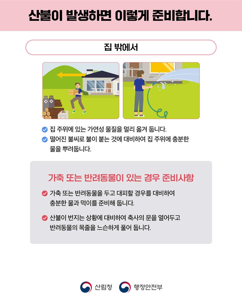 <산불이 발생하면 이렇게 준비합니다.>  [집 밖에서] -집 주위에 있는 가연성 물질을 멀리 옮겨 둡니다. -떨어진 불씨로 불이 붙는 것에 대비하여 집 주위에 충분한 물을 뿌려둡니다.  ※ 가축 또는 반려동물이 있는 경우 준비사항 -가축 또는 반려동물을 두고 대피할 경우를 대비하여 충분한 물과 먹이를 준비해 둡니다. -산불이 번지는 상황에 대비하여 축사의 문을 열어두고 반려동물의 목줄을 느슨하게 풀어 둡니다.