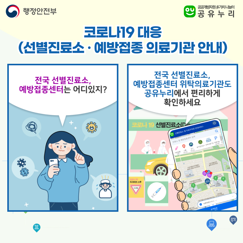 이밖에도 가까운선별진료소, 예방접종센타, 위탁의료기관도 안내 받을 수 있습니다.