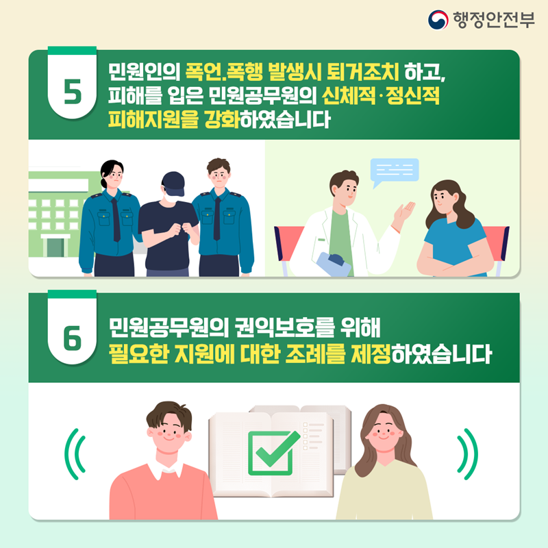 행정안전부 ⑤ 민원인의 폭언,폭행 발생 시 퇴거조치 하고, 피해를 입은 민원공무원의 신체적·정신적 피해지원을 강화하였습니다 ⑥ 민원공무원의 권익보호를 위해 필요한 지원에 대한 조례를 제정하였습니다