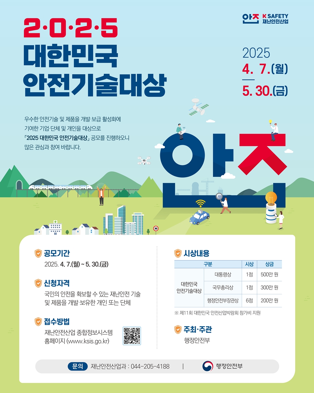 <2•0•2•5 대한민국 안전기술대상>  1.공모기간-2025.4.7.(월)~5.30.(금) 2.신청자격-국민의 안전을 확보할 수 있는 재난안전 기술 및 제품을 개발·보유한 개인 또는 단체 3.접수방법-재난안전산업 종합정보시스템 홈페이지(www.ksis.go.kr) (QR코드 - 재난안전산업 종합시스템 홈페이지로 이동) 4.시상내용- 대한민국안전기술대상을 구분,시상,상금 으로 분류한 표형식입니다. (구분)대통령상 (시상)1점 (상금)500만원, (구분)국무총리상 (시상)1점 (상금)300만원, (구분)행정안전부장관상 (시상)6점 (상금)200만원 ※ 제11회 대한민국 안전산업박람회 참가비 지원 5.주최•주관-행정안전부 6.문의-재난안전산업과  044-205-4188   우수한 안전기술 및 제품을 개발·보급 활성화에 기여한 기업·단체 및 개인을 대상으로 「2025 대한민국 안전기술대상」 공모를 진행하오니 많은 관심과 참여 바랍니다. 2025.4.7.(월) - 5.30.(금) -행정안전부 KSAFETY 재난안전산업-