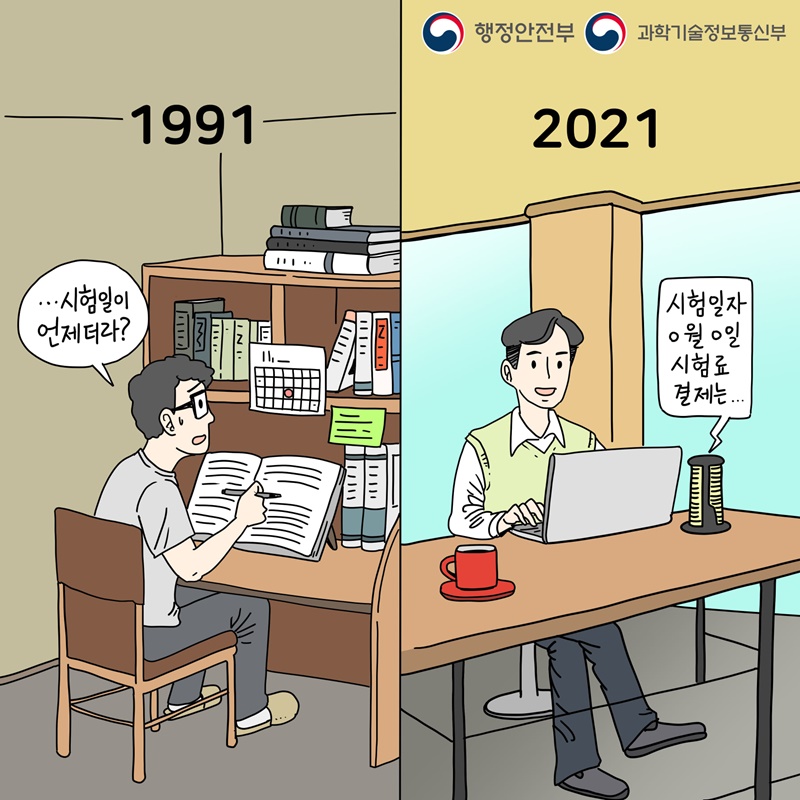 04.  달력을 보면서 확인해야 했던 시험일 확인과 시험료 결제, 일일히 챙기지 않아도 국민비서가 해결해줘요!  1991 "…시험일이 언제더라?"  2021 '시험일자 o월 o일 시험료 결제는…"