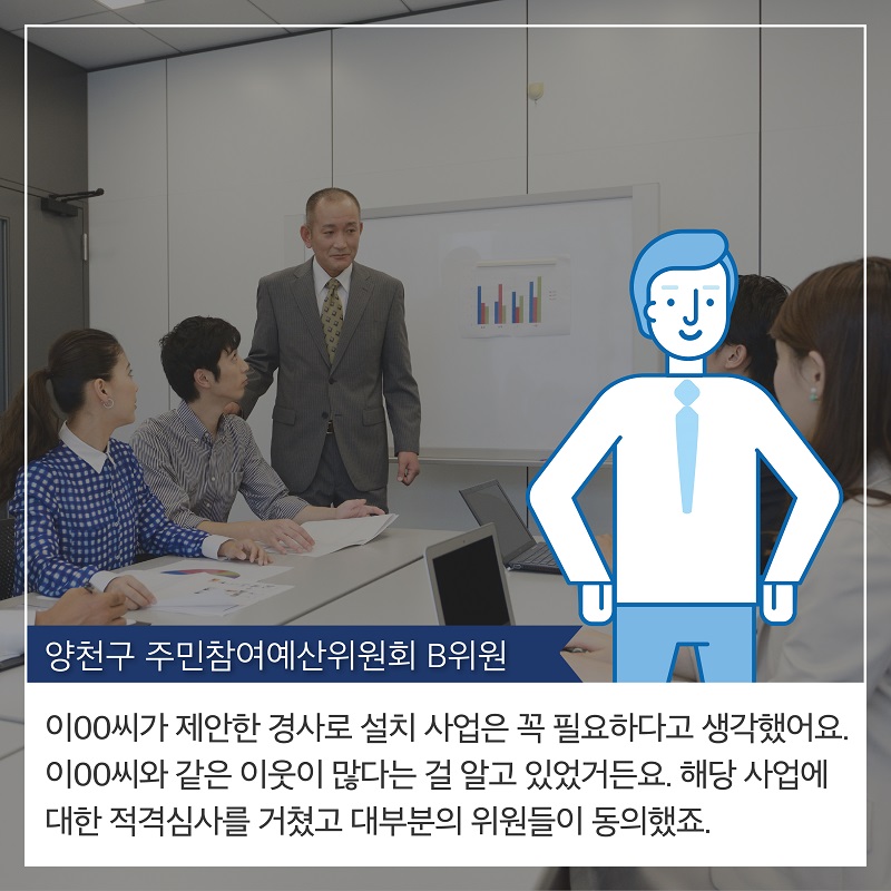3. 양천구 주민참여예산위원회 B위원 A주민이 제안한 경사로 설치 사업은 꼭 필요하다고 생각했어요.  A주민과  같은 이웃이 많다는 걸 알고 있었거든요. 해당 사업에 대한 적격심사를 거쳤고 대부분의 위원들이 동의했죠.