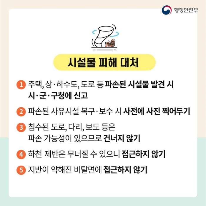 <3> 시설물 피해 대처 1. 주택, 상·하수도, 도로 등 파손된 시설물 발견 시 시·군·구청에 신고 2. 파손된 사유시설 복구·보수 시 사전에 사진 찍어두기 3. 침수된 도로, 다리, 보도 등은 파손 가능성이 있으므로 건너지 않기 4. 하천 등 제반은 무너질 수 있으니 접근하지 않기 5. 지반이 약해진 비탈면에 접근 하지 않기