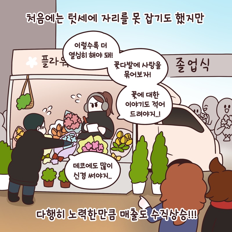 처음에는 텃세에 자리를 못 잡기도 했지만 다행히 노력한만큼 매출도 수직상승!!! "이럴수록 더 열심히 해야 돼!" "꽃다발에 사탕을 묶어보자!" "꽃에 대한 이야기도 적어 드려야지..!" "데코에도 많이 신경 써야지."