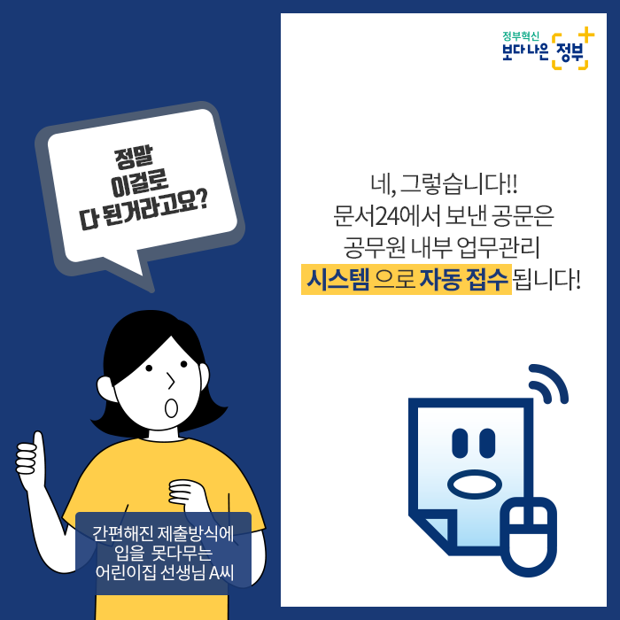 7.  간편해진 제출방식에 입을 못다무는 어린이집 선생님 A씨, "정말 이걸로 다 된거라고요?"  네, 그렇습니다!! 문서24에서 보낸 공문은 공무원 내부 업무관리 시스템으로 자동 접수됩니다!