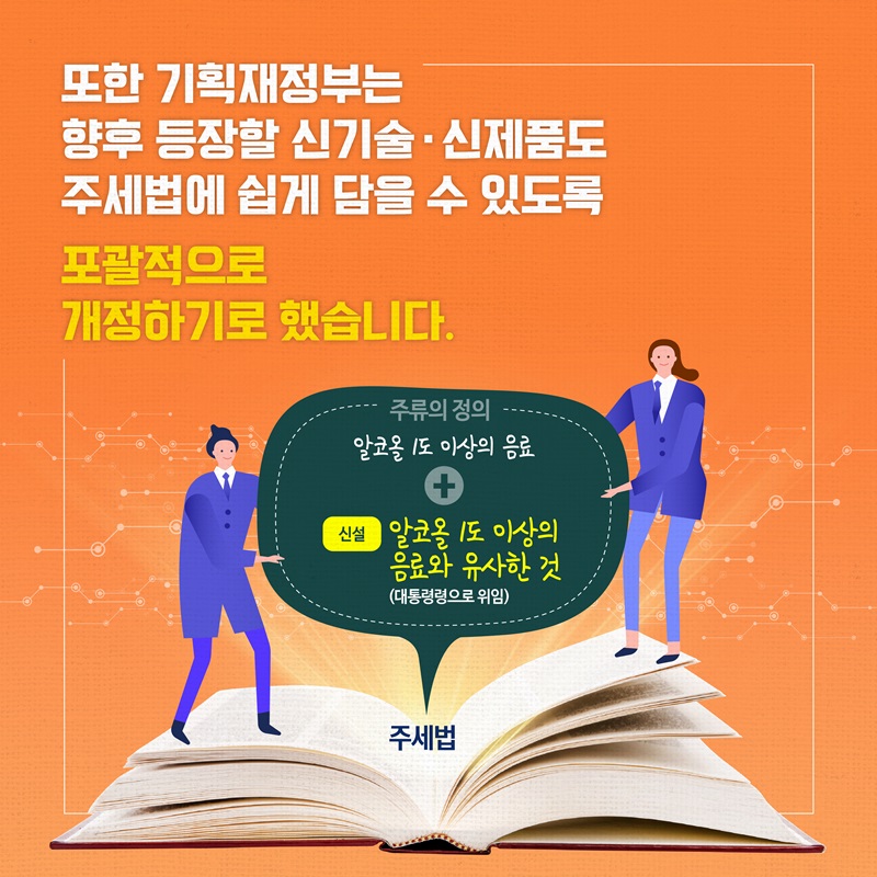 또한 기획재정부는 향후 등장할 신기술‧신제품도 주세법에 쉽게 담을 수 있도록 포괄적으로 개정하기로 했습니다. 주세법 주류의 정의 : 알코올 1도 이상의 음료 + (신설) 알코올 1도 이상의 음료와 유사한 것(대통령령으로 위임)