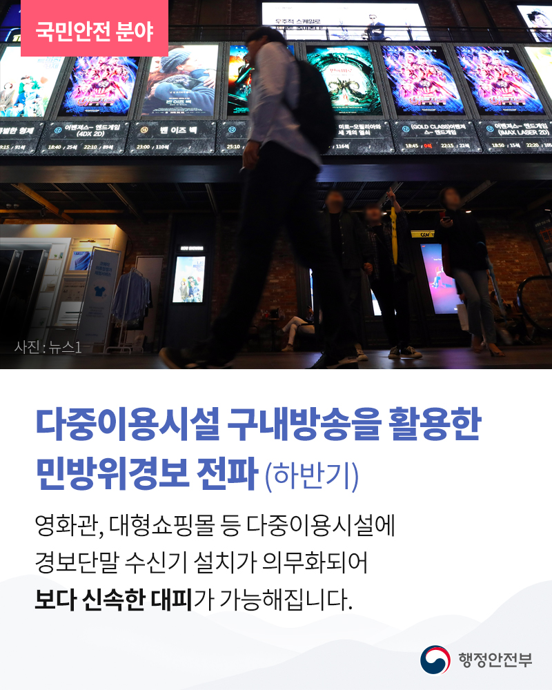 다중이용시설 구내방송을 활용한 민방위경보 전파 (하반기)  영화관, 대형쇼핑몰 등 다중이용시설에 경보단말 수신기 설치가 의무화되어 보다 신속한 대피가 가능해집니다.