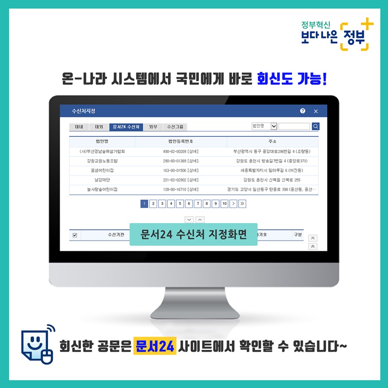 온-나라 시스템에서 국민에게 바로 회신도 가능!  회신한 공문은 문서24 사이트에서 확인할 수 있습니다~   ※ 문서24 수신처 지정화면