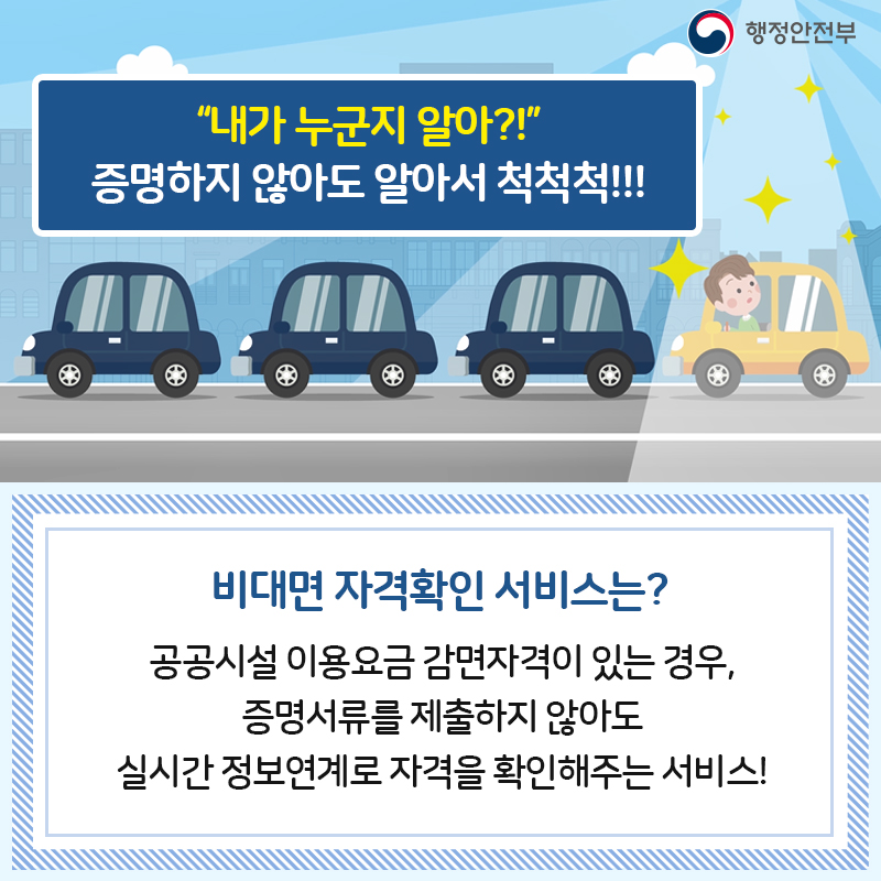 “내가 누군지 알아?!” 증명하지 않아도 알아서 척척척!!!  비대면 자격확인 서비스는? 공공시설 이용요금 감면자격이 있는 경우, 증명서류를 제출하지 않아도 실시간 정보연계로 자격을 확인해주는 서비스!