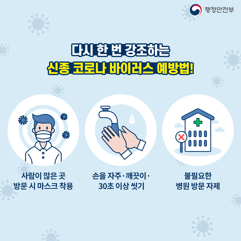 다시 한 번 강조하는 신종 코로나 바이러스 예방법! -사람이 많은 곳 방문 시 마스크 착용 -손을 자주·깨끗이·30초 이상 씻기 -불필요한 병원 방문 자제