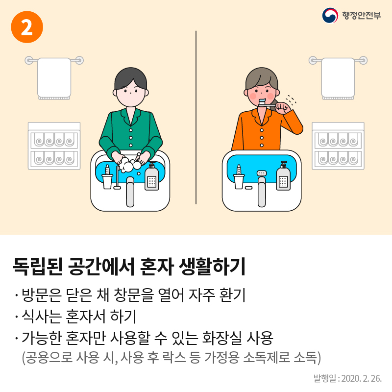 독립된 공간에서 혼자 생활하기 방문은 닫은 채 창문을 열어 자주 환기 식사는 혼자서 하기 가능한 혼자만 사용할 수 있는 화장실 사용 (공용으로 사용 시, 사용 후 락스 등 가정용 소독제로 소독)